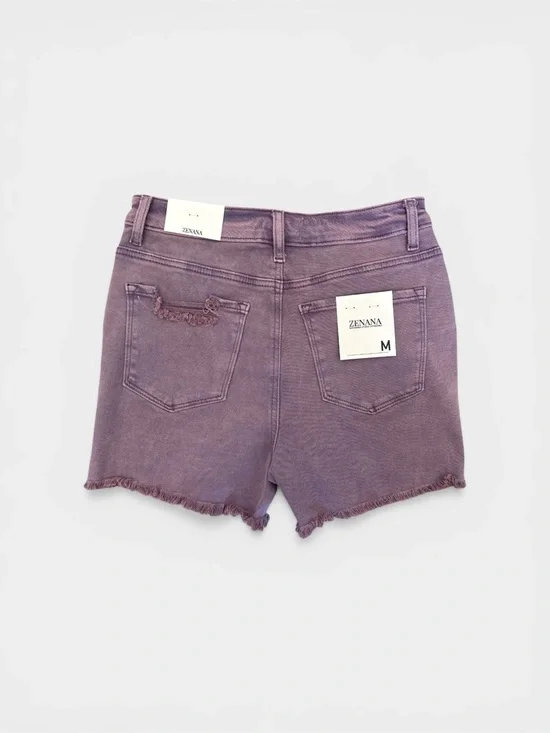 Zenana Outfitters Stretchy Lavender High-Rise Distressed Jean Shorts - Picture 4 of 4